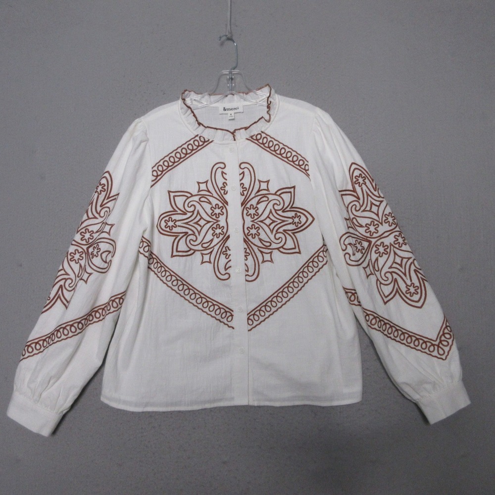 & merci Top White Brown Embroidered Boho Peasant Ruffle Cotton Cottage Core